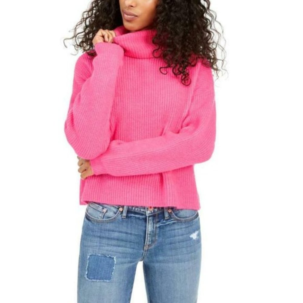 SUN + MOON 🌙  Electric Pink Boxy Turtleneck Ribbed Sweater - Picture 3 of 7